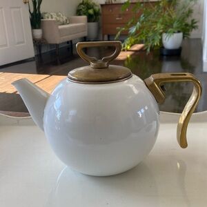 Vintage White Enamel Teapot Brass Handle and Lid